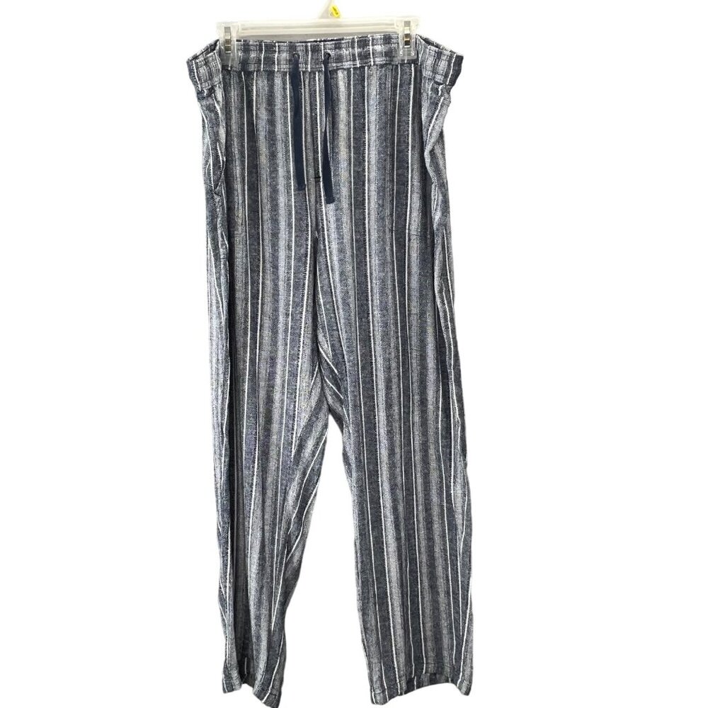 Wide Leg Linen Blend Pants 1X Women Striped Pull On Drawstring Elastic Lagenlook